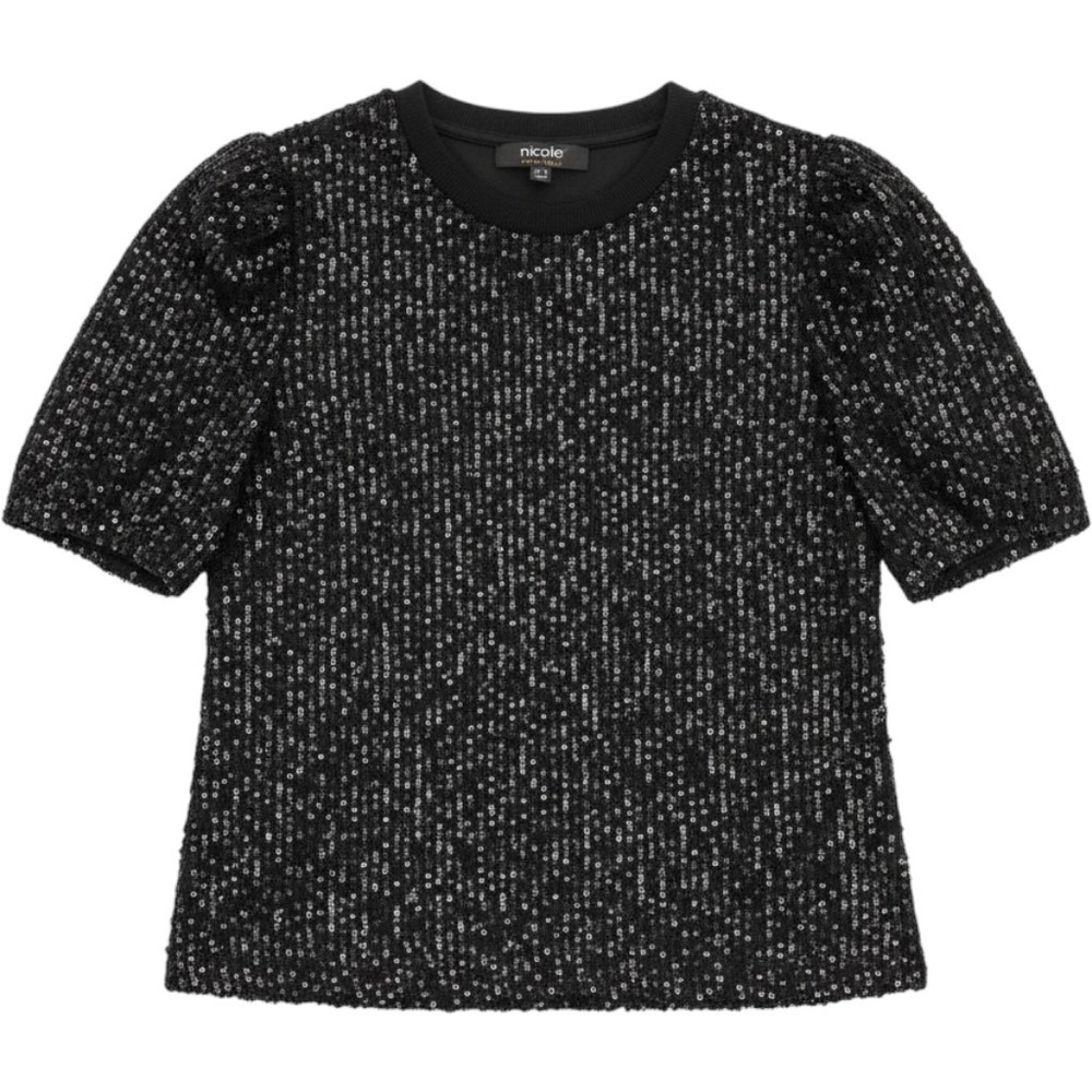 Nicole by Nicole Miller black sequin top short subtly puffed sleeves black crew